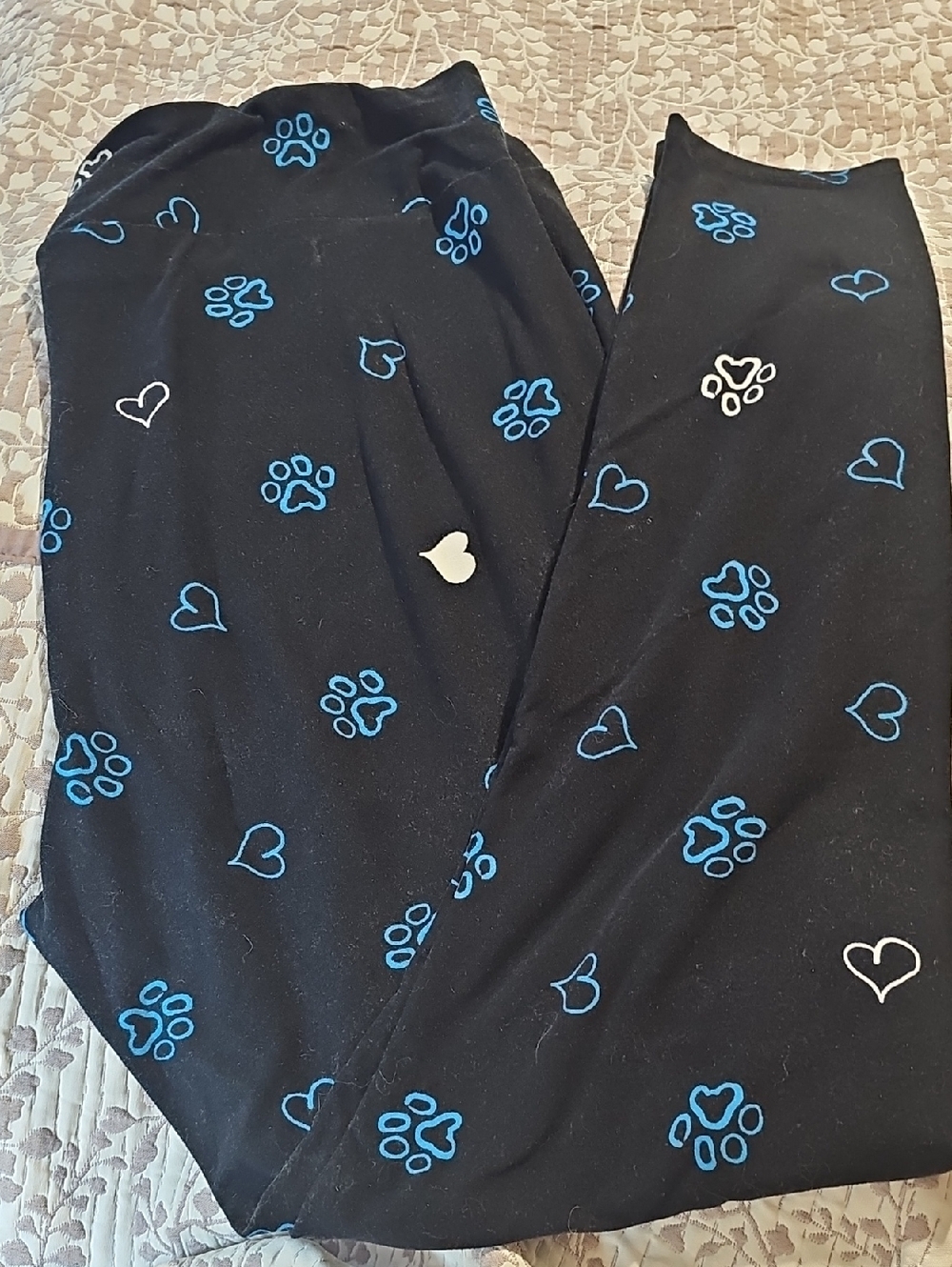 LuLaRoe Black Leggings with Bright Blue Paw & Heart Accents